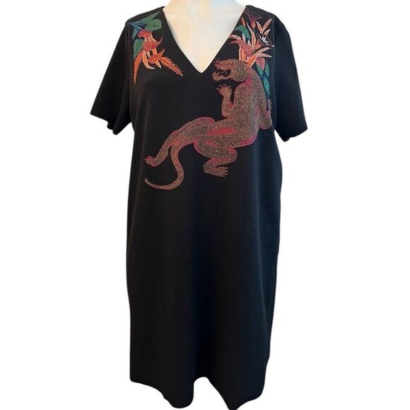 Zara Large Black Shift Mini Dress Leopard Jungle Painting Beaded Look - Picture 1 of 5